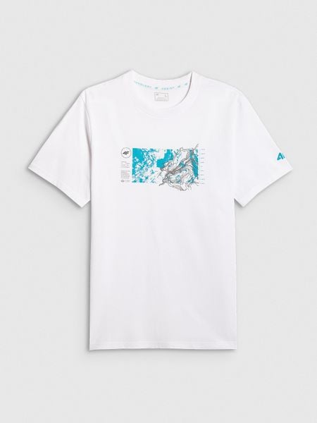 4F T-shirt regular z nadrukiem męski - biały XL. Białe t-shirty męskie 4f, m, bez wzorów, z bawełny, bez kołnierzyka, bez ramiączek. Za 69.99 zł.
