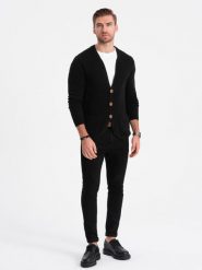 Dzianinowy kardigan męski z kieszeniami i ozdobnymi guzikami – czarny V1 OM-SWCD-0109 - XL. Czarne kardigany męskie Ombre Clothing, z aplikacjami, z bawełny, casualowe, bez kołnierzyka, bez ramiączek. W wyprzedaży za 69.99 zł.