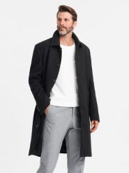 Męski długi jednorzędowy płaszcz z kołnierzykiem i podpinką – czarny V1 OM-COWC-0106 - XXL. Czarne płaszcze męskie Ombre Clothing, l, bez wzorów, z materiału, eleganckie, bez kaptura. Za 365.99 zł.
