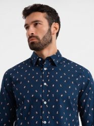 Bawełniana koszula męska we wzory SLIM FIT - atramentowa V3 - Rozmiar: L. Niebieskie koszule męskie Ombre Clothing, l, bez wzorów, z bawełny, bez kołnierzyka, bez ramiączek. W wyprzedaży za 79.99 zł.