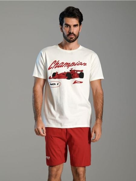 Piżama męska - kremowy. Białe piżamy męskie Sinsay, l, bez wzorów, bez kołnierzyka, bez ramiączek. Za 39.99 zł.