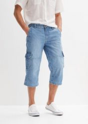 Jeansy bojówki 3/4 regular fit z prostymi nogawkami. Niebieskie jeansy męskie bonprix, bez wzorów, z denimu. Za 169.99 zł.