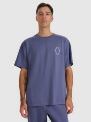 4F T-shirt oversize z nadrukiem męski - granatowy L. Niebieskie t-shirty męskie 4f, l, bez wzorów, z bawełny, bez kołnierzyka, bez ramiączek. Za 79.99 zł.