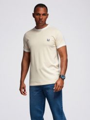 Męski t-shirt z kontrastowymi lampasami – kremowy V7 - Rozmiar: XXL. Białe t-shirty męskie Ombre Clothing, m, z aplikacjami, z bawełny, bez kołnierzyka, bez ramiączek. W wyprzedaży za 82.49 zł.