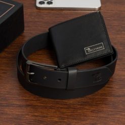 Zestaw prezentowy męski skórzany pasek portfel pudełko premium czarny Beltimore Z21. Czarne portfele męskie bez wzorów. Za 129.99 zł.