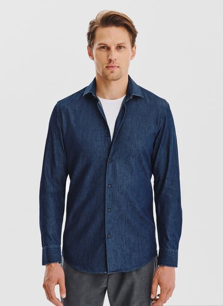 PAKO LORENTE - Granatowa koszula jeansowa. Koszule męskie Pako Lorente, m, bez wzorów, z bawełny, bez kołnierzyka, bez ramiączek. Za 149.99 zł.