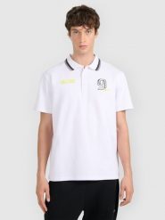 4F Koszulka polo regular męska 4F x Robert Lewandowski - biała XL. Białe koszulki polo męskie 4f, m, bez wzorów, z bawełny, klasyczne, bez kołnierzyka, bez ramiączek. Za 129.99 zł.