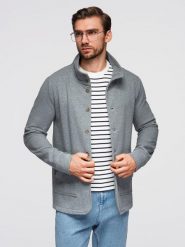 Bluza męska zapinana na guziki ze stójką – szary melanż V7 - Rozmiar: XL. Szare bluzy rozpinane męskie Ombre Clothing, m, bez wzorów, z bawełny, eleganckie, bez ramiączek, bez kaptura. Za 209.99 zł.