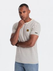 Męski t-shirt w paski z naszywką Ombre Design – kremowo-czarny V1 - Rozmiar: S. Czarne t-shirty męskie Ombre Clothing, m, z aplikacjami, z bawełny, bez kołnierzyka, bez ramiączek. W wyprzedaży za 39.99 zł.