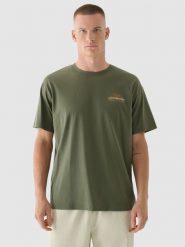 4F T-shirt oversize z nadrukiem męski - khaki M. Brązowe t-shirty męskie 4f, m, bez wzorów, z bawełny, bez kołnierzyka, bez ramiączek. W wyprzedaży za 39.99 zł.