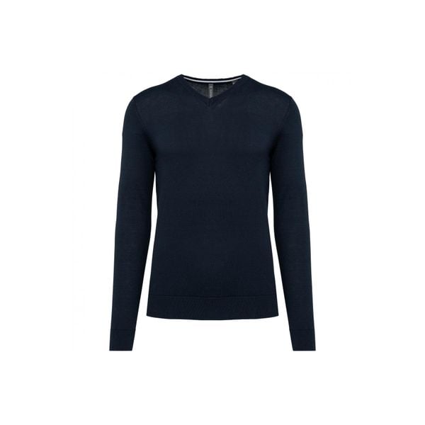 Ekologiczny sweter z dekoltem w szpic Kariban. Niebieskie swetry męskie KARIBAN, bez wzorów, bez kołnierzyka, bez ramiączek. Za 235.50 zł.