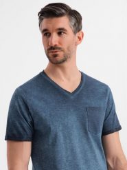 Bawełniany męski t-shirt V-neck z dzianiny z efektem sprania - granatowy V7 - Rozmiar: S. Niebieskie t-shirty męskie Ombre Clothing, l, bez wzorów, z bawełny, bez kołnierzyka, bez ramiączek. W wyprzedaży za 34.99 zł.