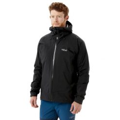Kurtka przeciwdeszczowa męska Rab Downpour Plus 2.0 Jacket z kapturem. Czarne kurtki męskie RAB, m, bez wzorów, sportowe, bez ramiączek, z kapturem. Za 579.99 zł.
