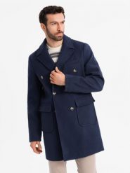 Dwurzędowy męski płaszcz z ozdobnymi guzikami – indygo V1 - Rozmiar: XL. Płaszcze męskie Ombre Clothing, m, bez wzorów, z materiału, eleganckie, bez kaptura. W wyprzedaży za 374.99 zł.