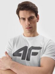 4F T-shirt regular z nadrukiem męski - biały XL. Białe t-shirty męskie 4f, m, bez wzorów, z bawełny, bez kołnierzyka, bez ramiączek. W wyprzedaży za 39.99 zł.