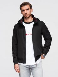 Kurtka męska z kapturem i wysoką stójką - czarna V1 - Rozmiar: S. Czarne kurtki męskie Ombre Clothing, m, bez wzorów, z materiału, bez ramiączek, z kapturem. Za 299.99 zł.