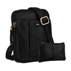 Czarna, męska torba skórzana na ramię w zestawie z saszetką na klucze - Peterson. Czarne saszetki męskie Peterson, bez wzorów, ze skóry. Za 179.99 zł.