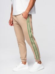 Sportowe spodnie męskie jogger z lampasami – brązowe V1 - Rozmiar: M. Brązowe długie spodnie sportowe męskie Ombre Clothing, bez wzorów, z bawełny. Za 219.99 zł.