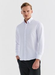 PAKO LORENTE – Biała gładka elegancka koszula męska. Białe koszule męskie Pako Lorente, m, bez wzorów, z bawełny, bez kołnierzyka, bez ramiączek. Za 199.99 zł.
