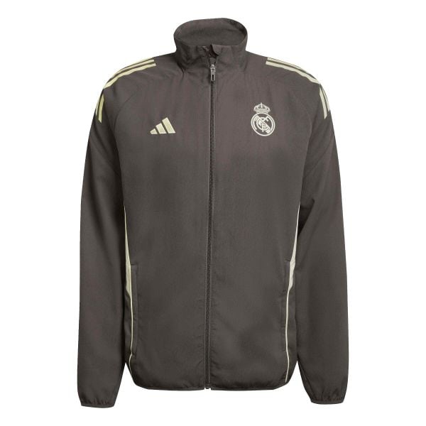 Kurtka dresowa Prematch Real Madrid 2025/26. Szare kurtki męskie ADIDAS, bez wzorów, z dresówki, sportowe, bez ramiączek, bez kaptura. W wyprzedaży za 285.00 zł.
