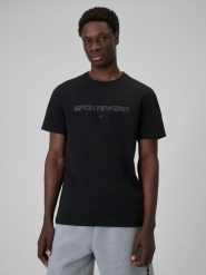 4F T-shirt regular z nadrukiem męski - czarny M. Czarne t-shirty męskie 4f, m, bez wzorów, z bawełny, bez kołnierzyka, bez ramiączek. Za 69.99 zł.