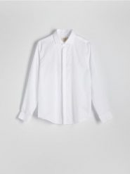 Bawełniana koszula slim fit - biały. Białe koszule męskie Reserved, l, bez wzorów, z bawełny, bez kołnierzyka, bez ramiączek. W wyprzedaży za 129.99 zł.