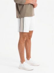 Męskie krótkie spodenki dresowe w szerokie pasy złamana biel V1 OM-SRSK-0182 S. Szorty sportowe męskie Ombre, bez wzorów, z dresówki, sportowe. Za 257.18 zł.