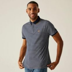 Męska koszulka polo w paski Tiver. Niebieskie koszulki polo męskie Regatta, m, bez wzorów, z bawełny, sportowe, bez kołnierzyka, bez ramiączek. Za 99.99 zł.