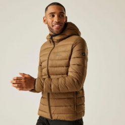 Marizion Męska wodoodporna aktywna kurtka z kapturem z przegrodami. Brązowe kurtki męskie Regatta, m, bez wzorów, z puchu, eleganckie, bez ramiączek, z kapturem. Za 199.99 zł.