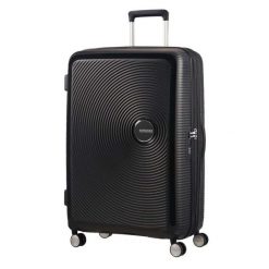 Walizka turystyczna Soundbox Spinner 77 TSA EXP 97L. Czarne walizki męskie American Tourister, bez wzorów. Za 899.99 zł.