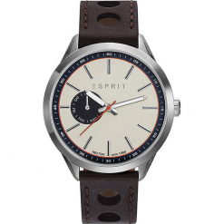 Zegarek kwarcowy w kolorze ciemnobrązowo-srebrno-beżowym. Brązowe, analogowe zegarki męskie Esprit Watches, ze skóry. W wyprzedaży za 295.95 zł.