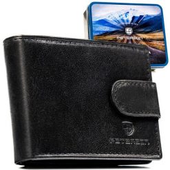 Skórzany, czarny portfel męski zamykany na zatrzask, wyposażony w system RFID - Peterson. Czarne portfele męskie Peterson, bez wzorów, ze skóry. Za 109.99 zł.