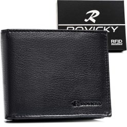 Duży, czarny portfel męski ze skóry naturalnej wyposażony w system RFID - Rovicky. Czarne portfele męskie ROVICKY, bez wzorów, ze skóry. Za 45.00 zł.