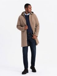 Płaszcz męski z kapturem w delikatny prążek - kawowy V1. Płaszcze męskie Ombre Clothing, m, bez wzorów, z elastanu, eleganckie, z kapturem. W wyprzedaży za 359.99 zł.