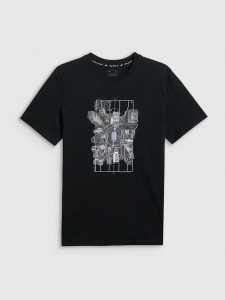 4F T-shirt regular z nadrukiem męski - czarny S. Czarne t-shirty męskie 4f, m, bez wzorów, z dzianiny, bez kołnierzyka, bez ramiączek. Za 59.99 zł.