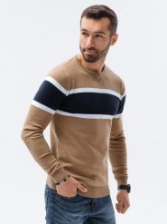 Sweter męski - camel V6. Brązowe swetry męskie Ombre Clothing, bez wzorów, z bawełny, klasyczne, bez kołnierzyka, bez ramiączek. W wyprzedaży za 29.99 zł.