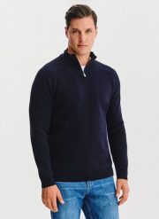 PAKO LORENTE - Granatowy sweter z rozpinaną stójką. Niebieskie swetry męskie Pako Lorente, bez wzorów, z poliamidu, bez kołnierzyka, bez ramiączek. Za 399.99 zł.