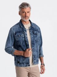 Jeansowa kurtka męska katana z washem – niebieska V4 - Rozmiar: M. Niebieskie kurtki męskie Ombre Clothing, m, bez wzorów, z denimu, casualowe, bez ramiączek, bez kaptura. W wyprzedaży za 79.99 zł.