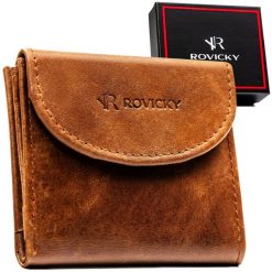Mały i cienki, skórzany portfel męski w brązowym kolorze zamykany zatrzaskiem - Rovicky. Brązowe portfele męskie ROVICKY, bez wzorów, ze skóry. Za 34.99 zł.