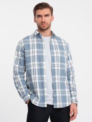 Klasyczna flanelowa męska koszula bawełniana w kratę - niebiesko-kremowa V2 OM-SHCS-0157 - M. Niebieskie koszule męskie Ombre Clothing, m, bez wzorów, z bawełny, bez kołnierzyka, bez ramiączek. W wyprzedaży za 59.99 zł.