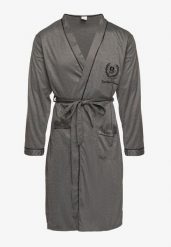 Ciemnoszary Szlafrok z Bawełną Zdobiony Elegancką Lamówką i Aplikacją z Wiązanym Paskiem Attelora. Szare szlafroki męskie Born2be, l, z aplikacjami, z bawełny, bez kaptura. Za 49.99 zł.