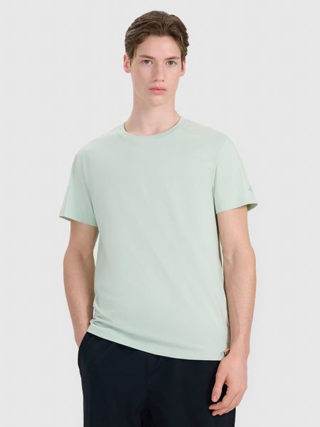 4F T-shirt regular z nadrukiem męski - turkusowy M. Niebieskie t-shirty męskie 4f, m, bez wzorów, z bawełny, bez kołnierzyka, bez ramiączek. W wyprzedaży za 49.99 zł.