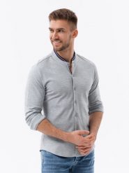 Bawełniana męska koszula SLIM FIT ze stójką w kolorowe paski – szara V5 - Rozmiar: XL. Czarne koszule męskie Ombre Clothing, m, bez wzorów, z bawełny, bez kołnierzyka, bez ramiączek. W wyprzedaży za 109.99 zł.