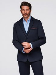 Dzianinowa marynarka męska o dopasowany kroju - granatowa V3. Niebieskie marynarki męskie Ombre Clothing, m, bez wzorów, z dzianiny. W wyprzedaży za 314.99 zł.