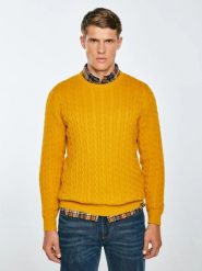 Sweter męski ze splotem warkoczowym żołty Amaris 201. Żółte swetry męskie Big Star, bez wzorów, z dzianiny, klasyczne, bez kołnierzyka, bez ramiączek. Za 229.99 zł.
