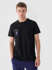 4F T-shirt regular z nadrukiem męski - czarny XL. Czarne t-shirty męskie 4f, m, bez wzorów, z bawełny, bez kołnierzyka, bez ramiączek. W wyprzedaży za 29.99 zł.
