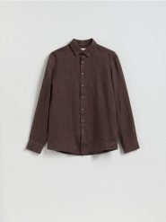 Lniana koszula regular fit - ciemnobrązowy. Brązowe koszule męskie Reserved, l, bez wzorów, bez kołnierzyka, bez ramiączek. Za 179.99 zł.
