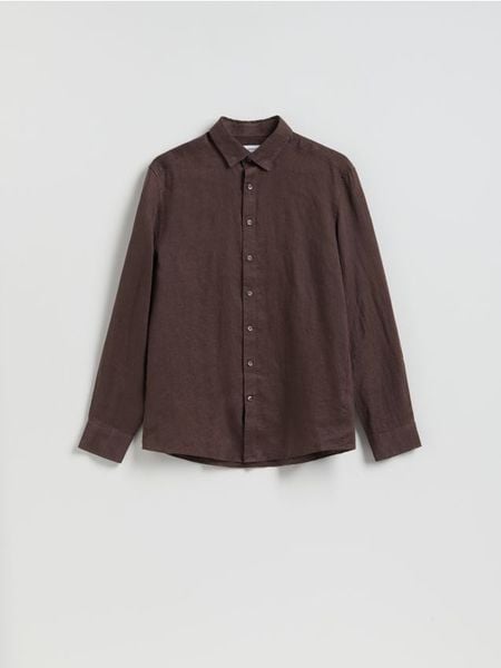 Lniana koszula regular fit - ciemnobrązowy. Brązowe koszule męskie Reserved, l, bez wzorów, bez kołnierzyka, bez ramiączek. Za 179.99 zł.