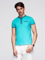 T-shirt męski henley ozdobnymi ściągaczami - turkusowy V7 - Rozmiar: S. Niebieskie t-shirty męskie Ombre Clothing, m, z aplikacjami, z elastanu, bez kołnierzyka, bez ramiączek. W wyprzedaży za 29.99 zł.