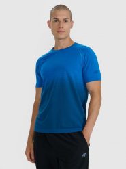 4F Koszulka do biegania w terenie szybkoschnąca męska - granatowa S/M. Niebieskie t-shirty sportowe męskie 4f, l, bez wzorów, z elastanu, klasyczne, bez ramiączek. Za 129.99 zł.